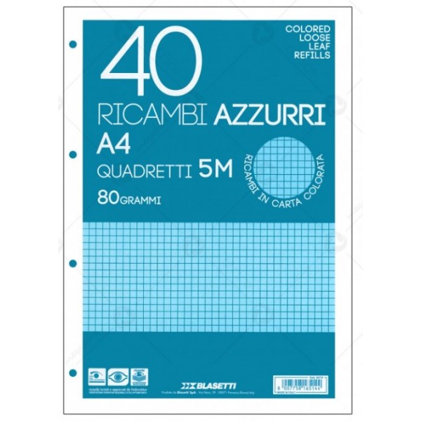 Ricambi - Blasetti - A4 - celeste azzurro - 80g - quadretti 5MM - 40 fogli