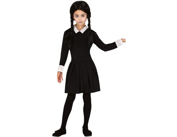 Costume mercoledì Addams Vestito Costume Travestimento Bambina Ragazza  Originale Wednesday con Parrucca, Colore Nero, Bianco, 1